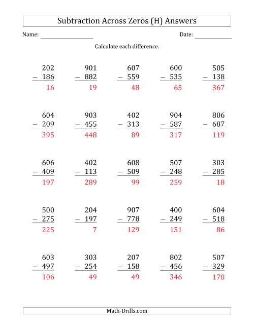 The 3-Digit Subtracting Across Zeros in the Middle (H) Math Worksheet Page 2