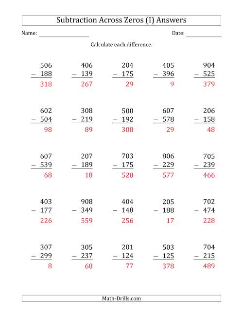 The 3-Digit Subtracting Across Zeros in the Middle (I) Math Worksheet Page 2