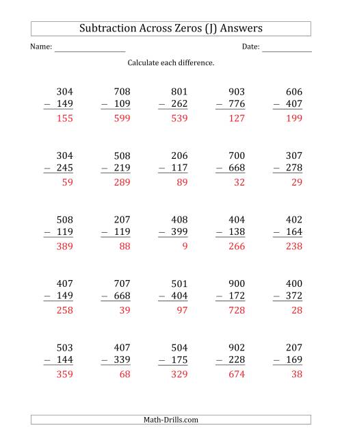 The 3-Digit Subtracting Across Zeros in the Middle (J) Math Worksheet Page 2