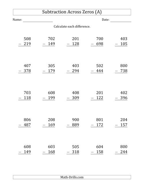 The 3-Digit Subtracting Across Zeros in the Middle (All) Math Worksheet