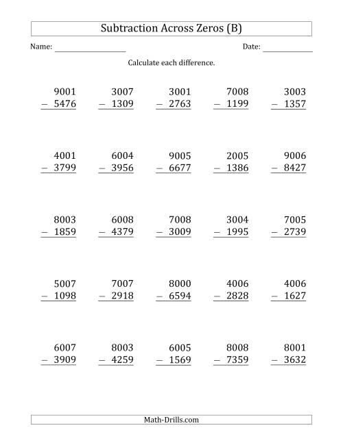 The 4-Digit Subtracting Across Zeros in the Middle (B) Math Worksheet