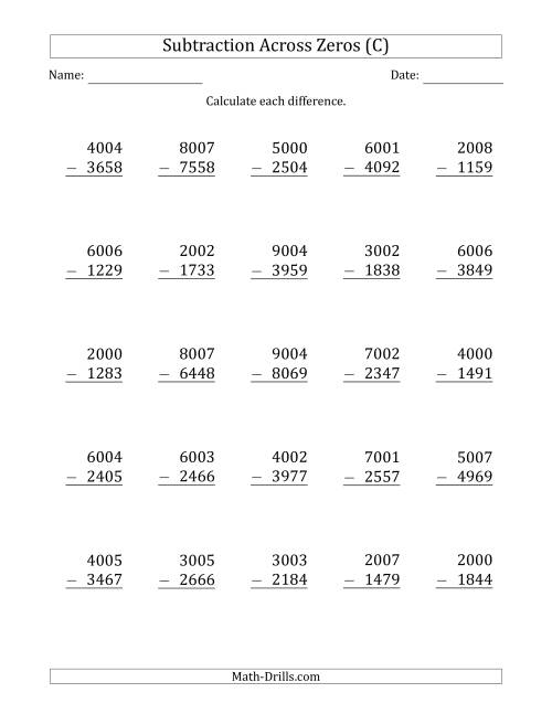 The 4-Digit Subtracting Across Zeros in the Middle (C) Math Worksheet