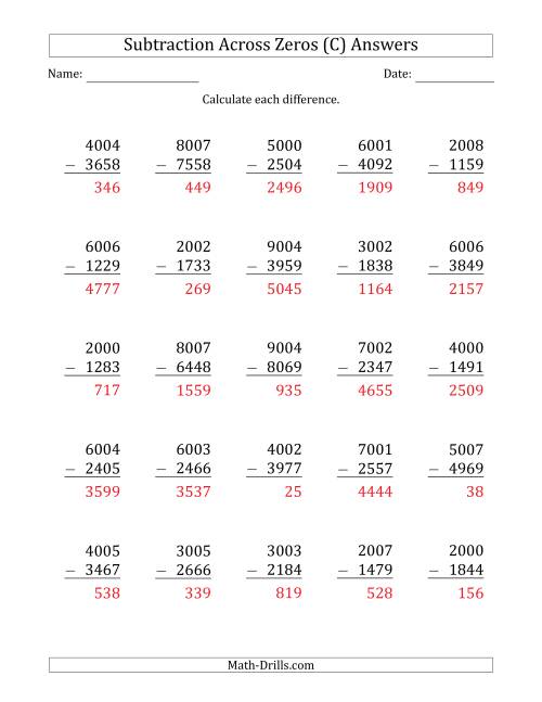 The 4-Digit Subtracting Across Zeros in the Middle (C) Math Worksheet Page 2