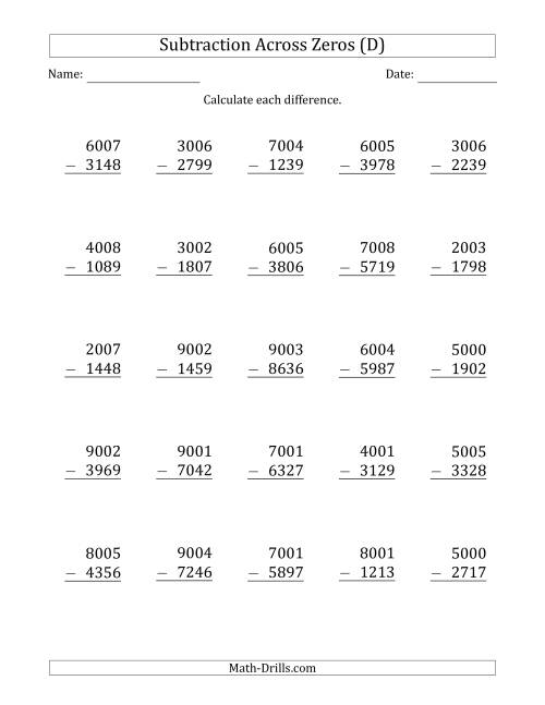 The 4-Digit Subtracting Across Zeros in the Middle (D) Math Worksheet
