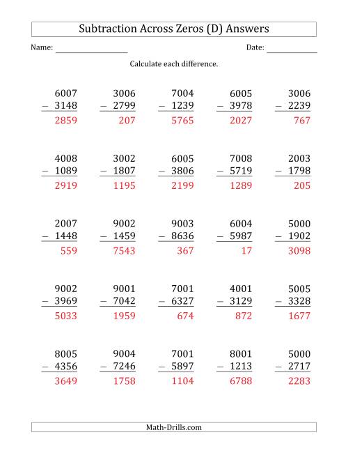 The 4-Digit Subtracting Across Zeros in the Middle (D) Math Worksheet Page 2