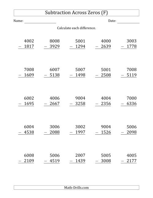 The 4-Digit Subtracting Across Zeros in the Middle (F) Math Worksheet