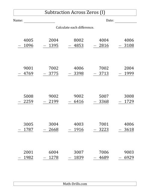 The 4-Digit Subtracting Across Zeros in the Middle (I) Math Worksheet
