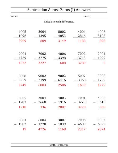 The 4-Digit Subtracting Across Zeros in the Middle (I) Math Worksheet Page 2