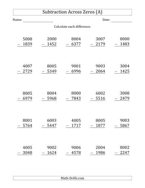 The 4-Digit Subtracting Across Zeros in the Middle (All) Math Worksheet