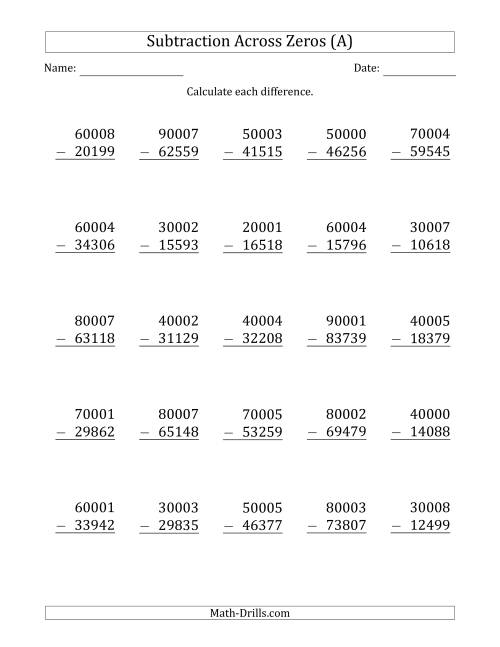 The 5-Digit Subtracting Across Zeros in the Middle (A) Math Worksheet