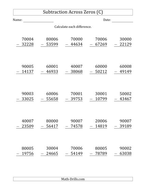 The 5-Digit Subtracting Across Zeros in the Middle (C) Math Worksheet