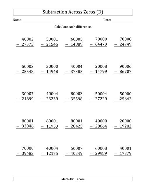 The 5-Digit Subtracting Across Zeros in the Middle (D) Math Worksheet