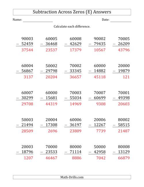 The 5-Digit Subtracting Across Zeros in the Middle (E) Math Worksheet Page 2