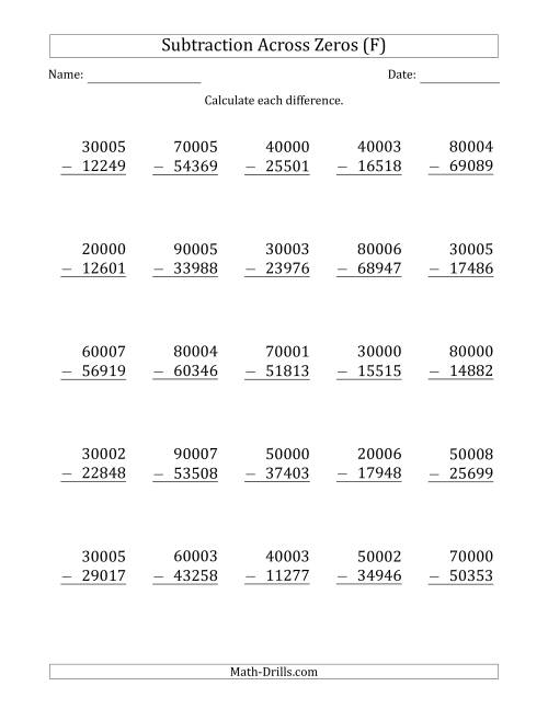 The 5-Digit Subtracting Across Zeros in the Middle (F) Math Worksheet
