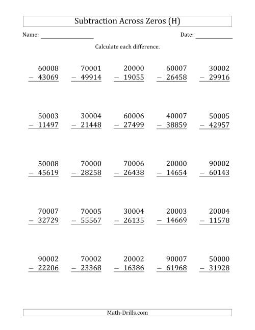The 5-Digit Subtracting Across Zeros in the Middle (H) Math Worksheet