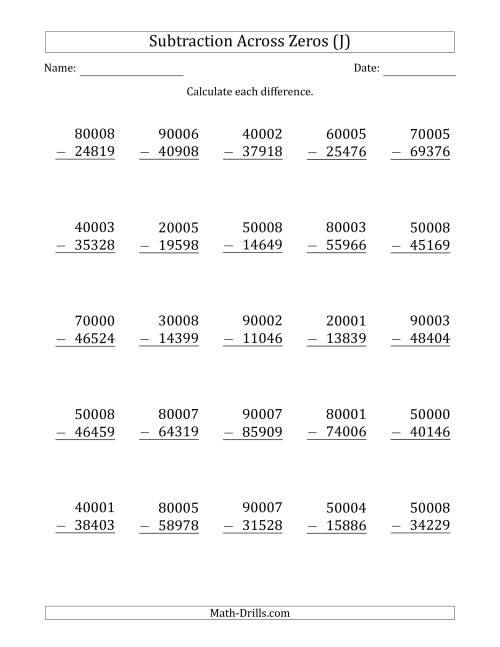 The 5-Digit Subtracting Across Zeros in the Middle (J) Math Worksheet