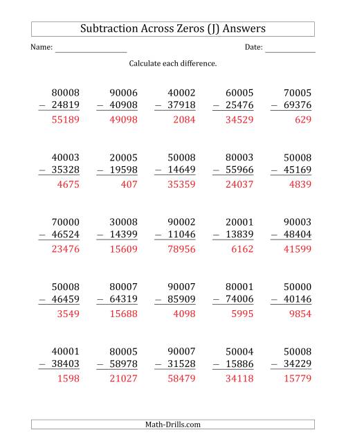 The 5-Digit Subtracting Across Zeros in the Middle (J) Math Worksheet Page 2