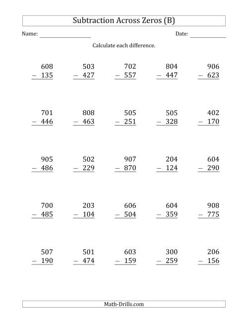 The 3-Digit Subtracting Across Zeros in the Middle (Ones Sometimes Need Regrouping) (B) Math Worksheet