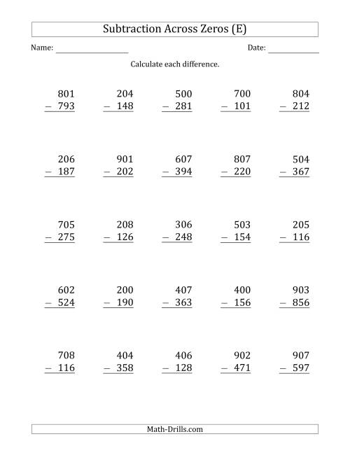 The 3-Digit Subtracting Across Zeros in the Middle (Ones Sometimes Need Regrouping) (E) Math Worksheet