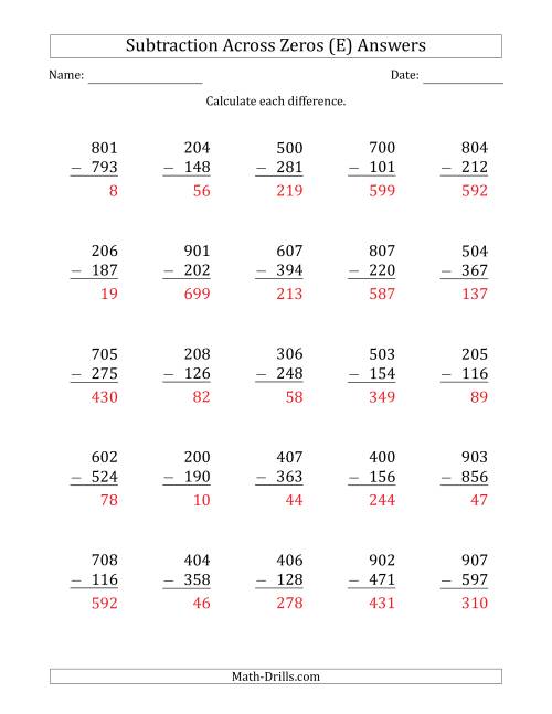 The 3-Digit Subtracting Across Zeros in the Middle (Ones Sometimes Need Regrouping) (E) Math Worksheet Page 2