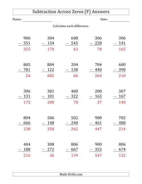 The 3-Digit Subtracting Across Zeros in the Middle (Ones Sometimes Need Regrouping) (F) Math Worksheet Page 2