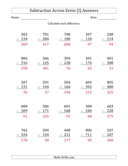 The 3-Digit Subtracting Across Zeros in the Middle (Ones Sometimes Need Regrouping) (I) Math Worksheet Page 2