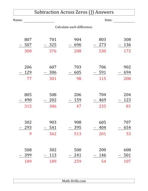 The 3-Digit Subtracting Across Zeros in the Middle (Ones Sometimes Need Regrouping) (J) Math Worksheet Page 2