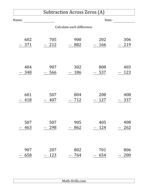 The 3-Digit Subtracting Across Zeros in the Middle (Ones Sometimes Need Regrouping) (All) Math Worksheet