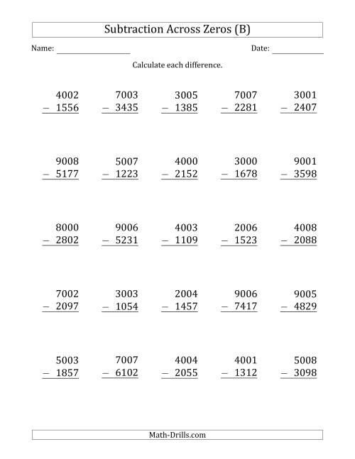 The 4-Digit Subtracting Across Zeros in the Middle (Ones Sometimes Need Regrouping) (B) Math Worksheet