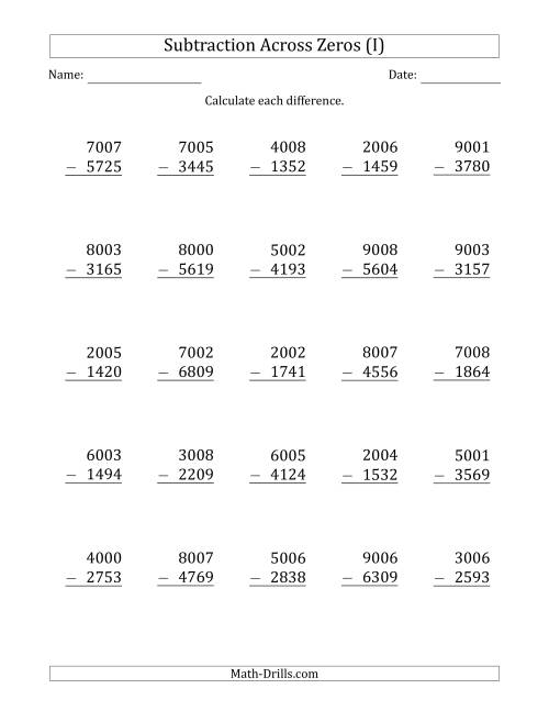 The 4-Digit Subtracting Across Zeros in the Middle (Ones Sometimes Need Regrouping) (I) Math Worksheet