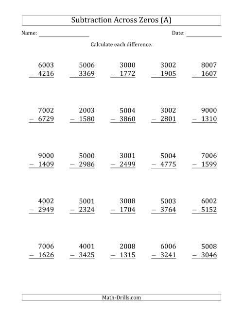 The 4-Digit Subtracting Across Zeros in the Middle (Ones Sometimes Need Regrouping) (All) Math Worksheet