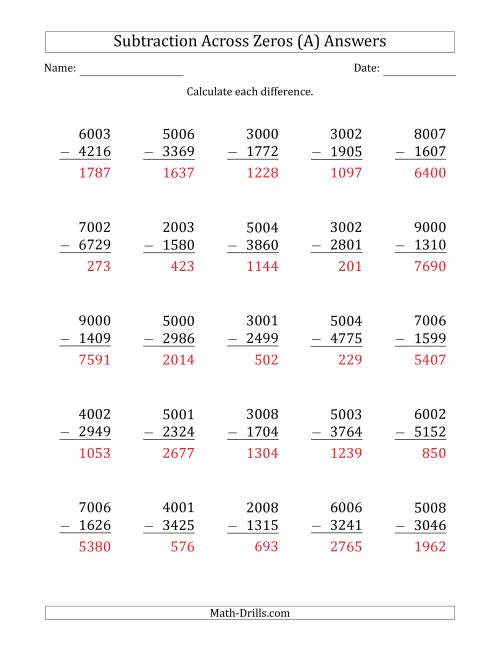 The 4-Digit Subtracting Across Zeros in the Middle (Ones Sometimes Need Regrouping) (All) Math Worksheet Page 2