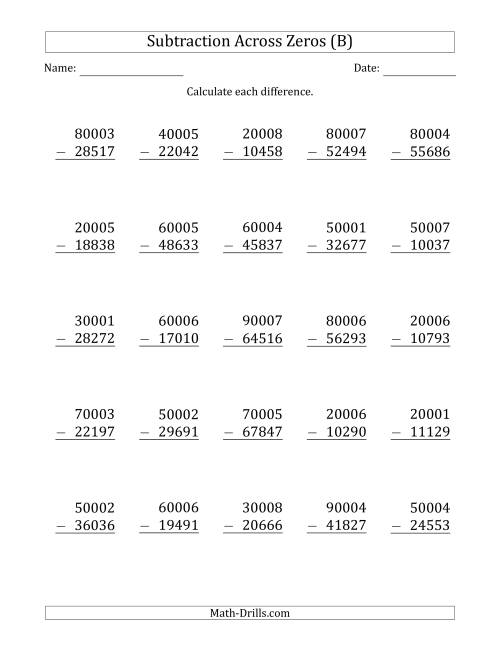 The 5-Digit Subtracting Across Zeros in the Middle (Ones Sometimes Need Regrouping) (B) Math Worksheet