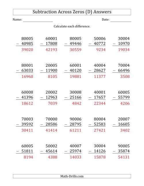The 5-Digit Subtracting Across Zeros in the Middle (Ones Sometimes Need Regrouping) (D) Math Worksheet Page 2