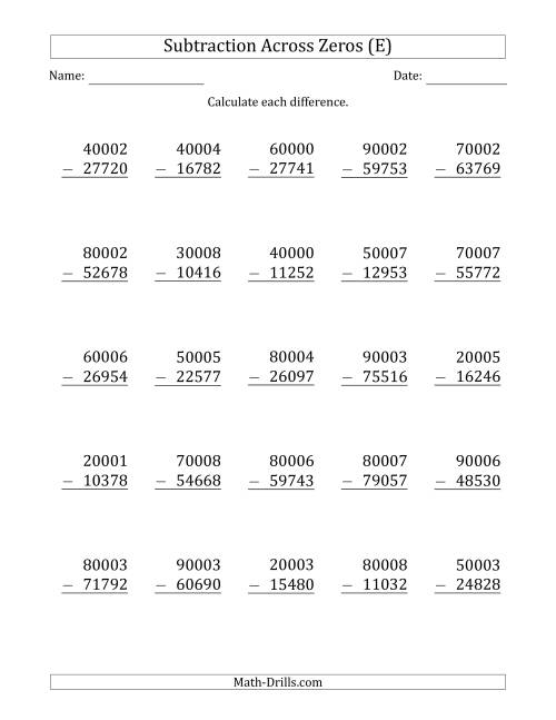 The 5-Digit Subtracting Across Zeros in the Middle (Ones Sometimes Need Regrouping) (E) Math Worksheet