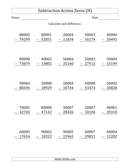 The 5-Digit Subtracting Across Zeros in the Middle (Ones Sometimes Need Regrouping) (H) Math Worksheet
