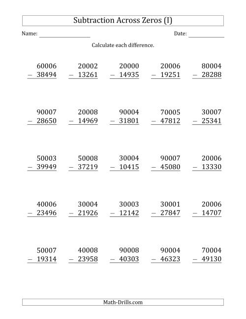 The 5-Digit Subtracting Across Zeros in the Middle (Ones Sometimes Need Regrouping) (I) Math Worksheet