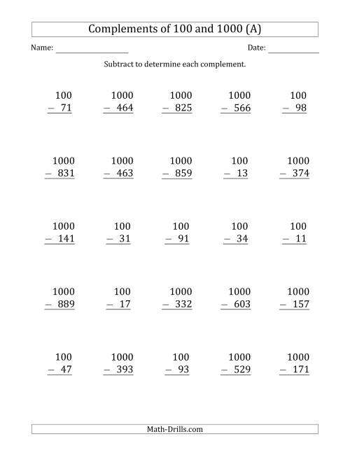 Complements of 11 and 110 by Subtracting (A) Inside Subtracting Across Zero Worksheet