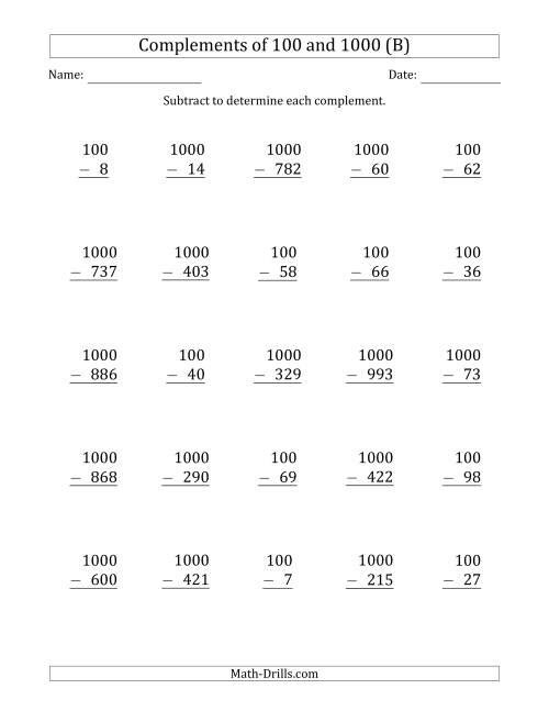 The Complements of 100 and 1000 by Subtracting (B) Math Worksheet