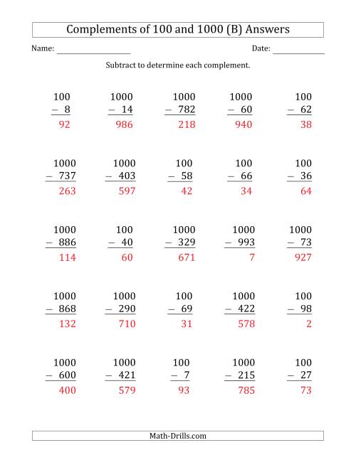 The Complements of 100 and 1000 by Subtracting (B) Math Worksheet Page 2