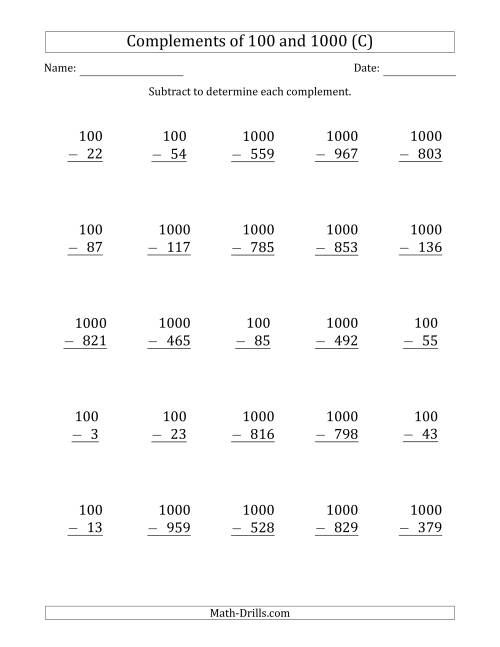 The Complements of 100 and 1000 by Subtracting (C) Math Worksheet