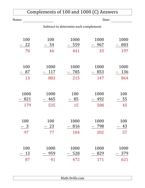 The Complements of 100 and 1000 by Subtracting (C) Math Worksheet Page 2