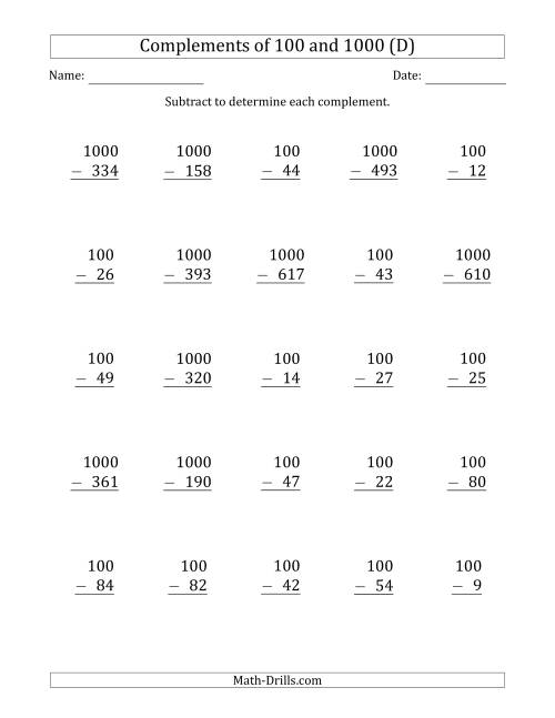 The Complements of 100 and 1000 by Subtracting (D) Math Worksheet
