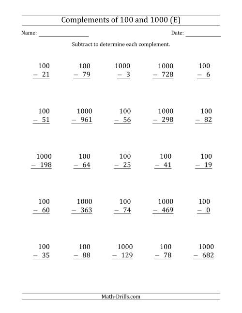 The Complements of 100 and 1000 by Subtracting (E) Math Worksheet