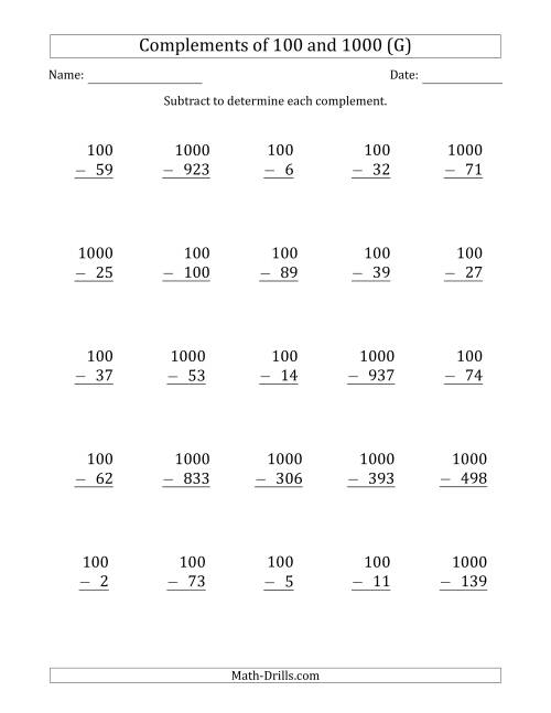 The Complements of 100 and 1000 by Subtracting (G) Math Worksheet