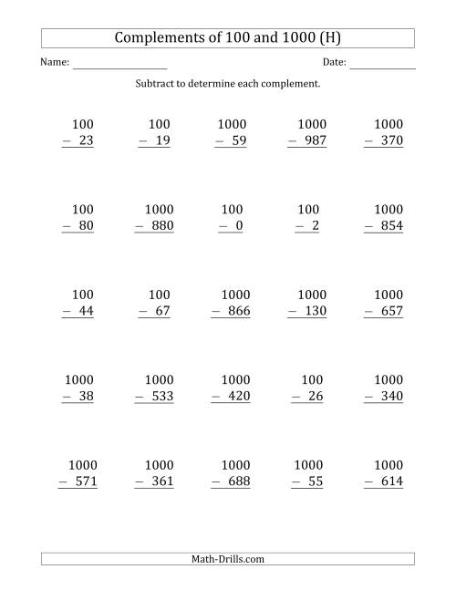 The Complements of 100 and 1000 by Subtracting (H) Math Worksheet