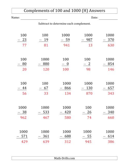 The Complements of 100 and 1000 by Subtracting (H) Math Worksheet Page 2
