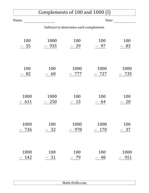 The Complements of 100 and 1000 by Subtracting (I) Math Worksheet