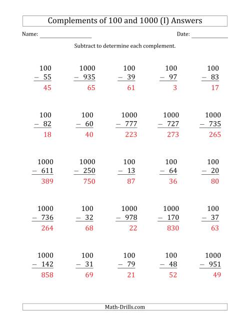 The Complements of 100 and 1000 by Subtracting (I) Math Worksheet Page 2