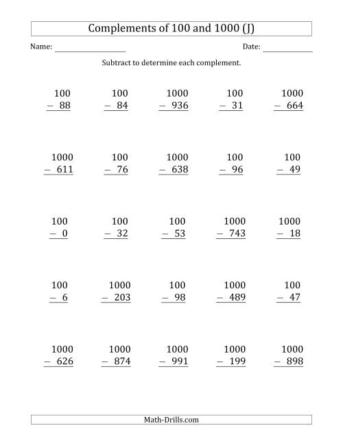 The Complements of 100 and 1000 by Subtracting (J) Math Worksheet